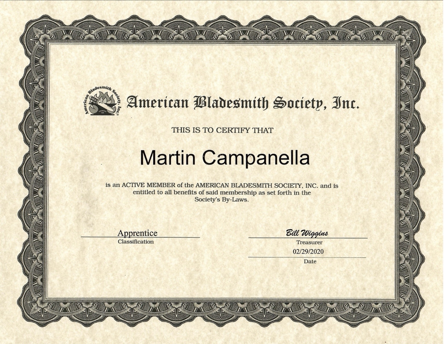 American Bladesmith Society certificate for Martin Campanella, MC Knifemaker